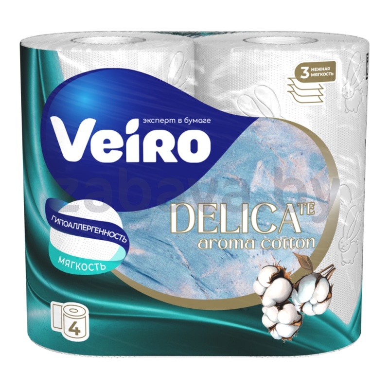 Бумага туалетная Veiro Delicate, Cotton, 3 сл., 4 рул.