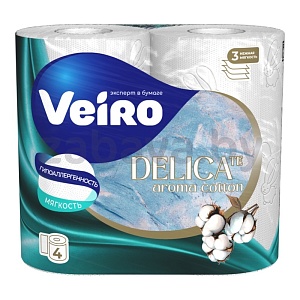 Бумага туалетная Veiro Delicate, Cotton, 3 сл., 4 рул.
