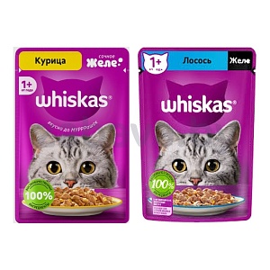 Корм для кошек Whiskas, курица или лосось, желе, 75 г